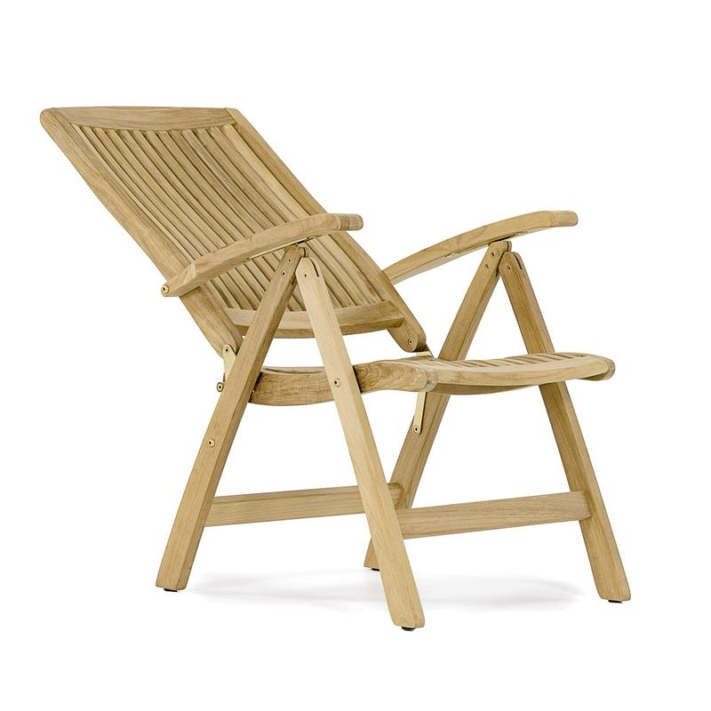 alt="12569S Barbuda Teak Recliner Armchair fully reclined position in angled side view on white background"