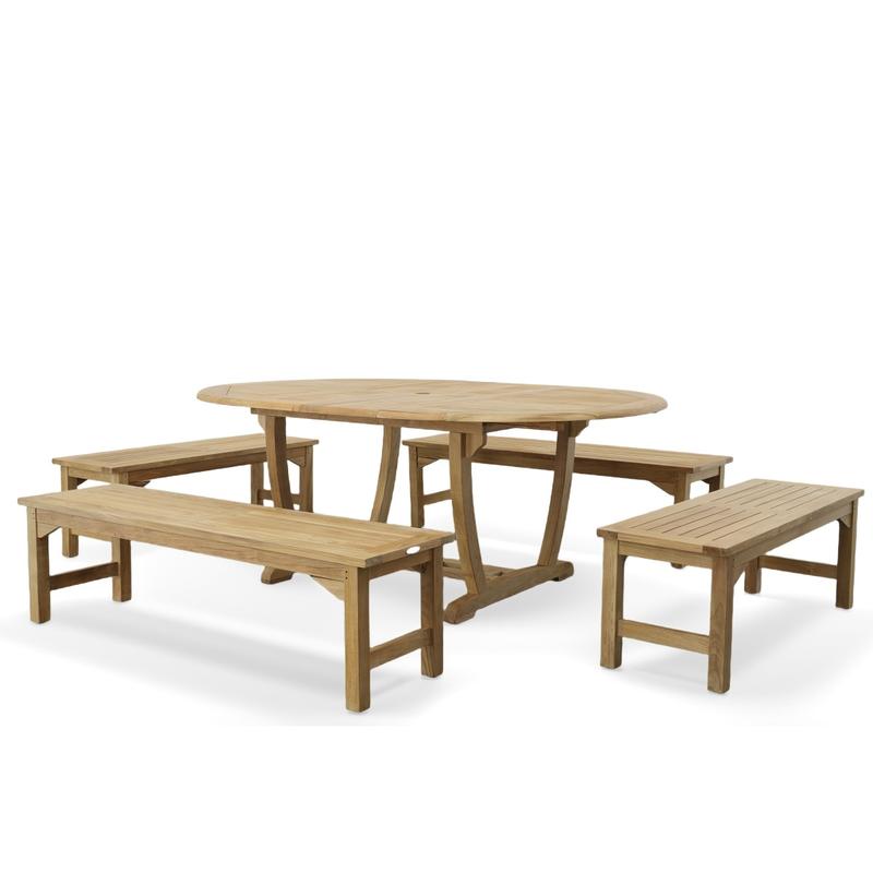 alt="70078 Martinique Teak Picnic Set of Martinique Extending Oval Dining Table and 2 Backless 4 foot long Benches and 2 Backless 5 foot long Benches on white background"