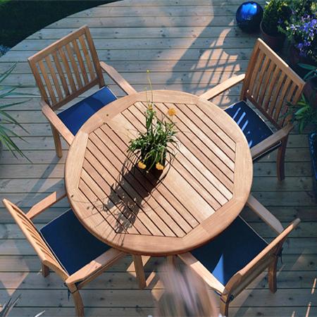 alt=" 12196ST Sussex Dining Chair showing with 5 piece Sussex Teak Dining Set overhead view on wooden deck"