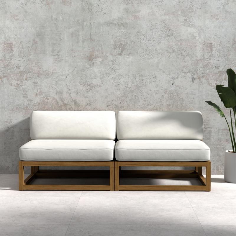 alt="70821 Maya Armless Love Seat showing 2 Maya Slipper Chairs in front view on tile next to a potted plant with a wall in the background"