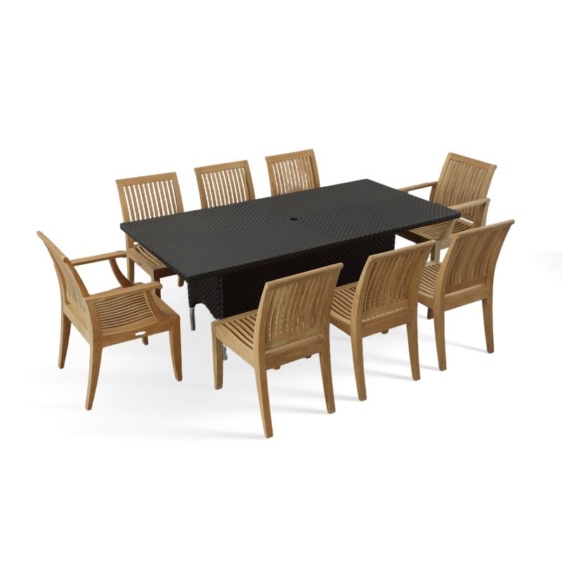 alt="70294 Laguna Valencia 9 piece teak Dining Set of 2 Laguna dining chairs and 6 Laguna dining side chairs and Valencia synthetic wicker 79 inch rectangular table angled on white background"
