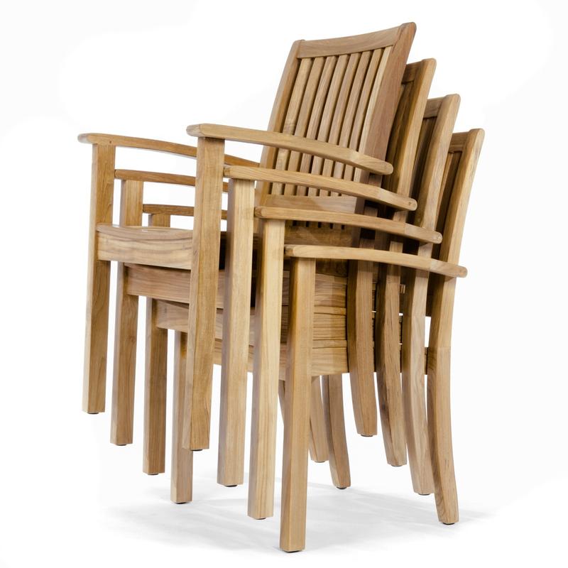 alt="12196 Sussex teak dining chair left side view stacked 4 high on white background"