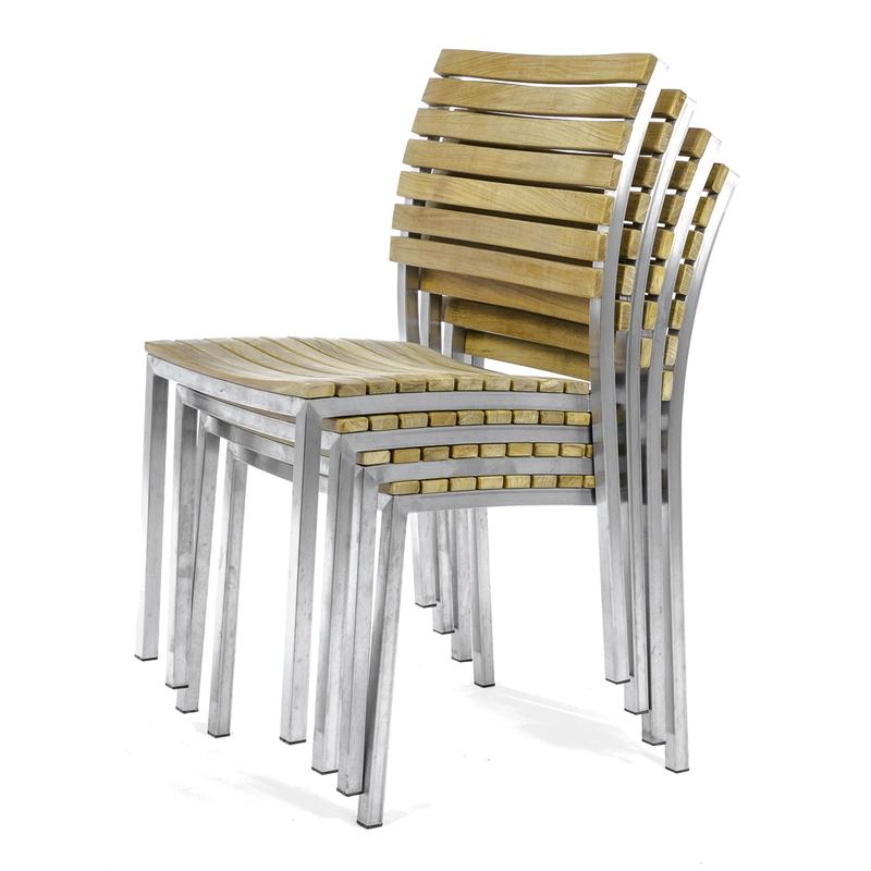 alt="21007 Vogue teak and stainless steel side chair stacked 4 high on white background"