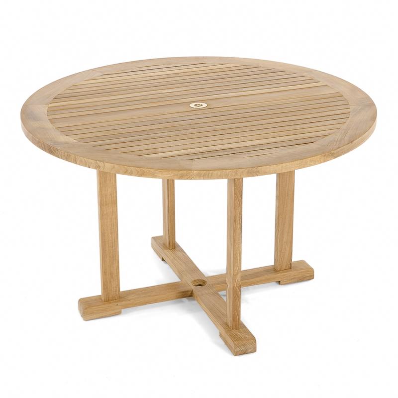 alt="70535 Barbuda teak 48 inch round dining table angled on white background"