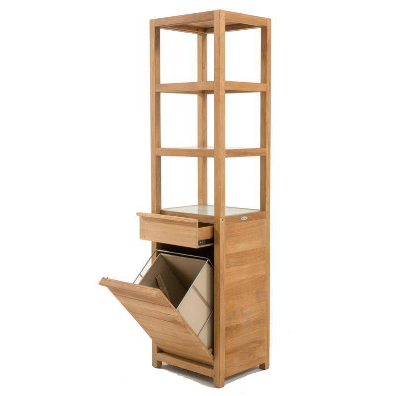 alt="18815f Pacifica teak Linen Tower angled view with linen drawer open on white background"