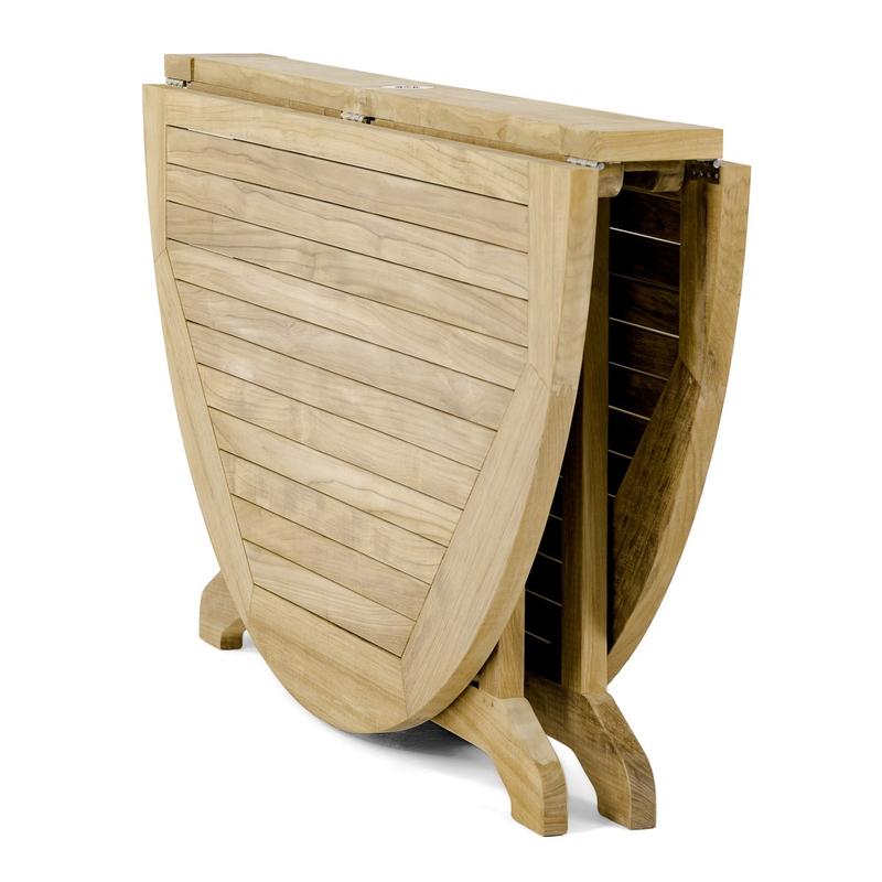 alt="70845 Barbuda Surf teak folding round 60 inch diameter dining table showing both drop leaves fully folded side angled view on white background"
