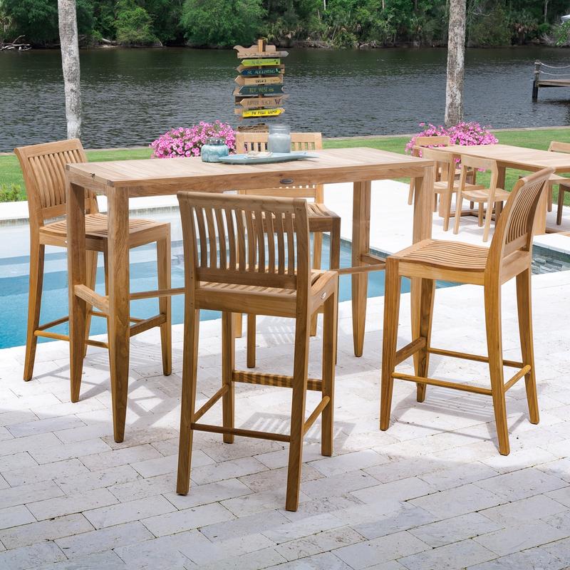 alt="70500 Laguna 5 pc Rectangular Bar Set on paver patio showing 2 candles and plate on table with pool 2 potted flowering plants and lake in background"