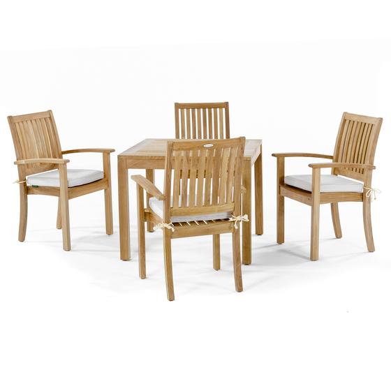 70210 Sussex teak 5 piece square Dining Set of 4 teak armchairs with optional seat cushions and a teak 36 Inch square dining table in side view on white background