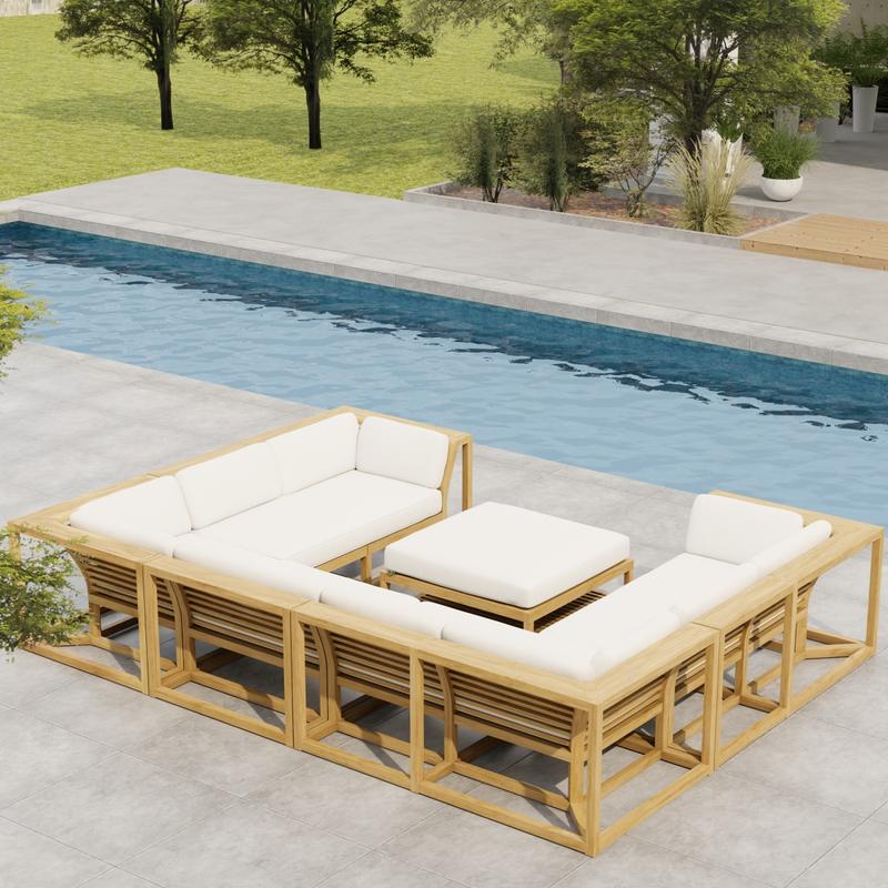 alt="70752 Maya 6pc Lounge Set with canvas colored cushions angled view on patio next to a pool with trees and fence in the background"