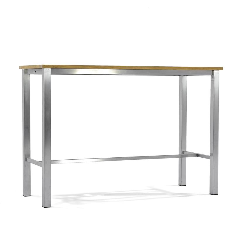 alt="70630 Vogue Somerset teak and stainless steel 5 foot long bar table side profile on white background"