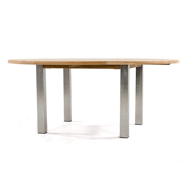 alt="25015 Vogue teak and stainless steel 6 foot Round Table side view on white background"