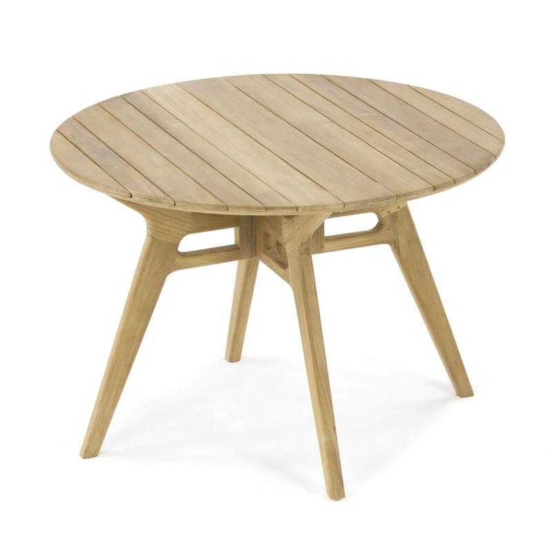 alt="15629 Surf teak 42 inch round folding dining table in angled top view of table top on white background"