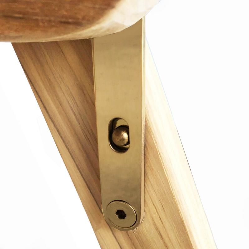 alt="70163 Montserrat Reclining teak dining armchair close up view of locking mechanism on white background"