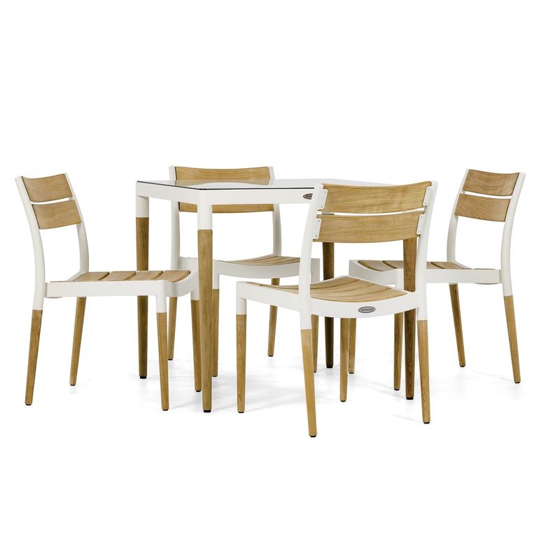 alt="70449 Bloom teak and powder coated aluminum 32 inch square dining table with glass top and 4 dining chairs side view on white background"