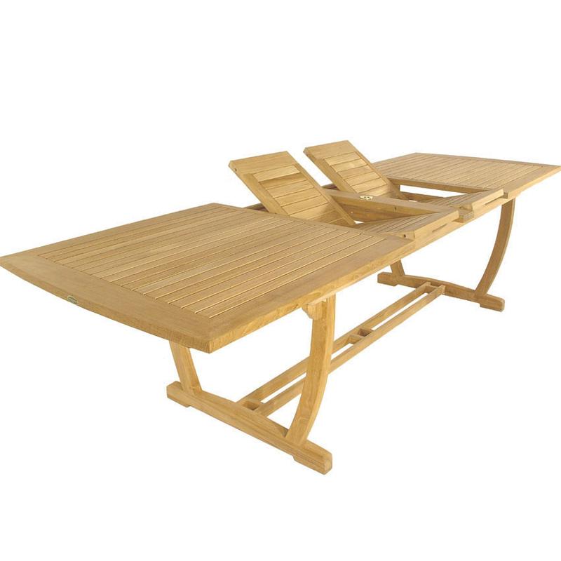 alt="15585 Veranda Teak Rectangular Dining Table angled showing double butterfly leaf extensions on white background"