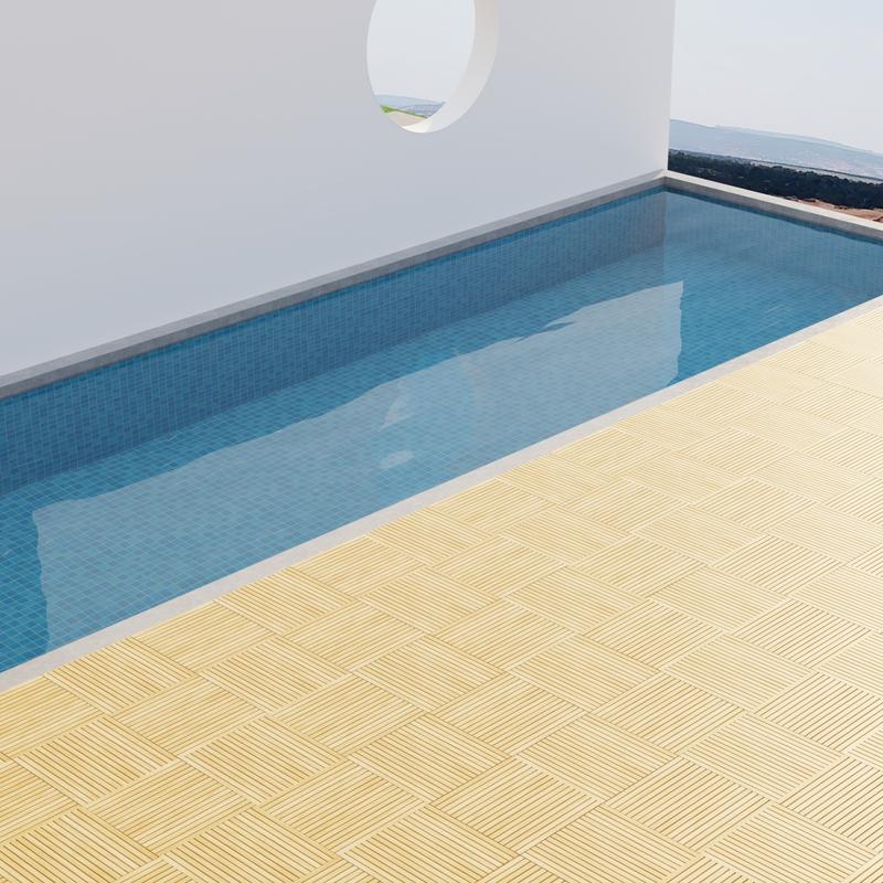 alt="18403 Callebotise Teak Floor Tiles on patio next to a pool with partition wall in the background"