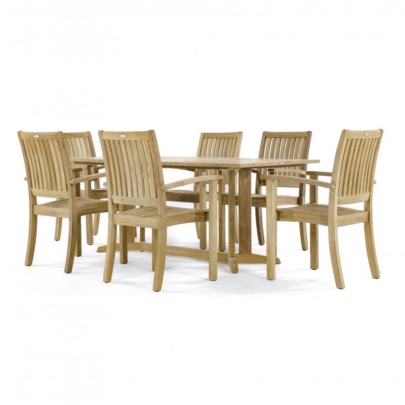 alt="70517 Sussex Pyramid teak 7 piece Dining Set angled side view on white background"