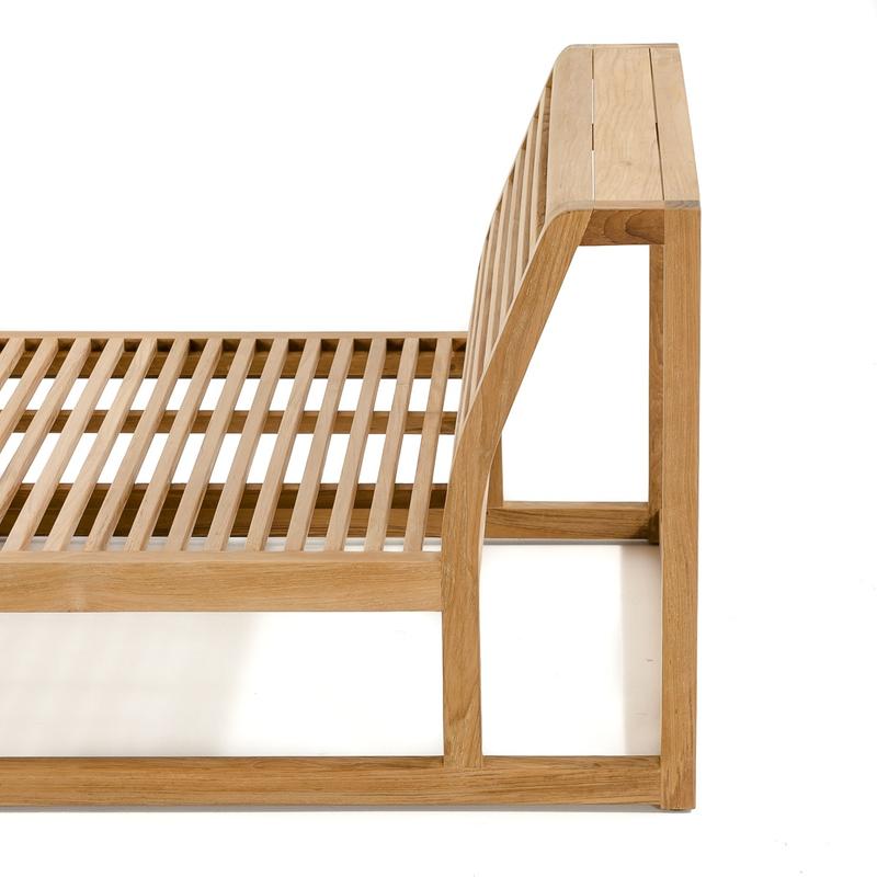 alt="16800 Maya Teak Chaise Daybed frame close up side view on white background"