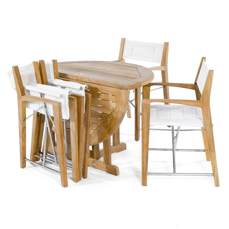 alt="70473 Odyssey Barbuda 5 piece Folding Dining Set showing 2 director chairs folded against the half folded table with 2 open director chairs on white background"