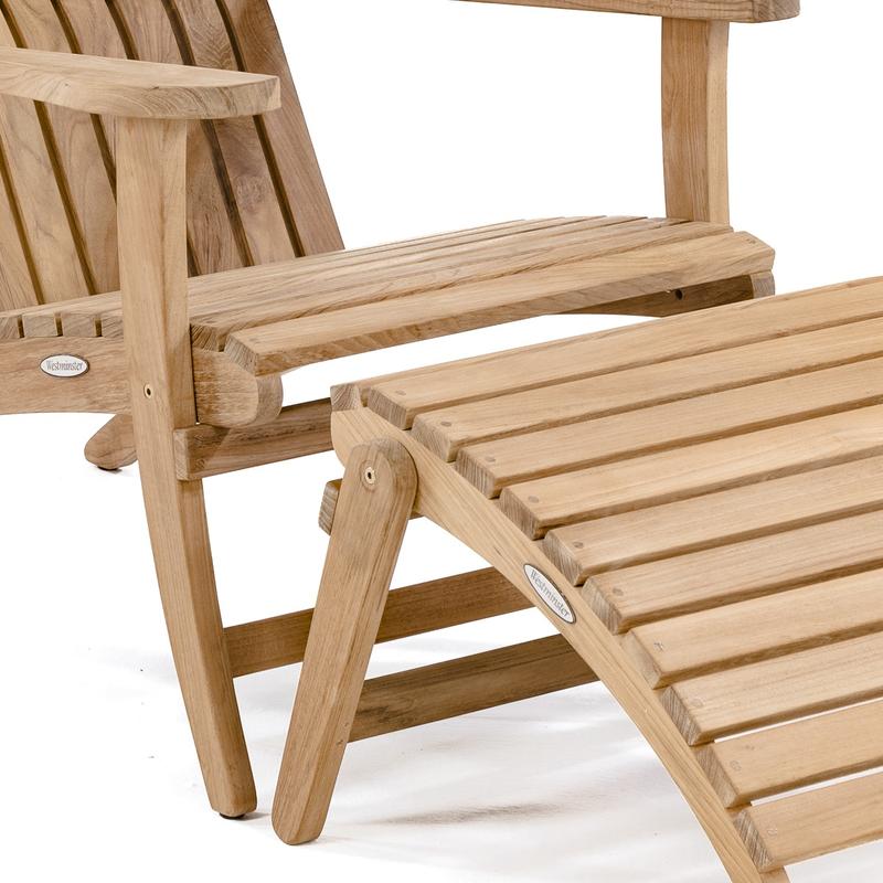 alt=" 70000 teak Adirondack Chair and footrest close up view on white background"