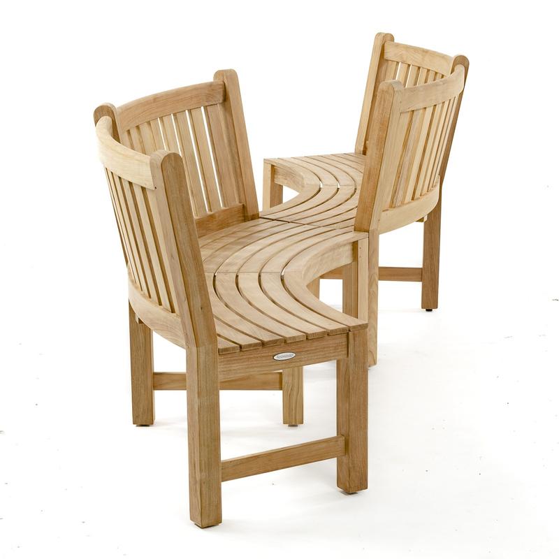 alt="70862 Buckingham teak 6ft curved bench set of two in S configuration end view on white background"