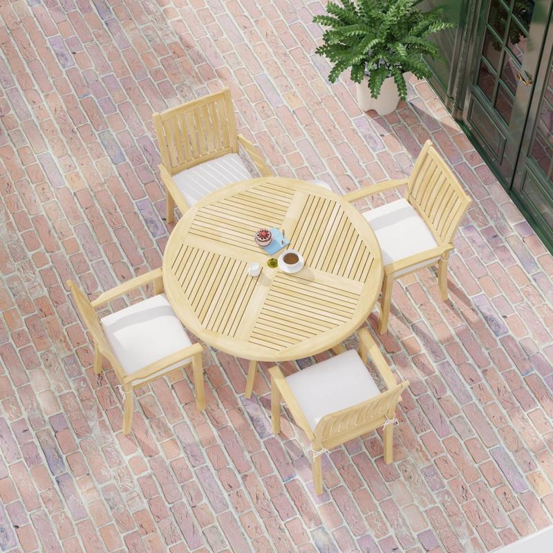 alt="70027 Grand Hyatt 5 pc Dining Set on brick patio with optional seat cushions outdoors aerial view next to potted plant and glass entry door to the side"