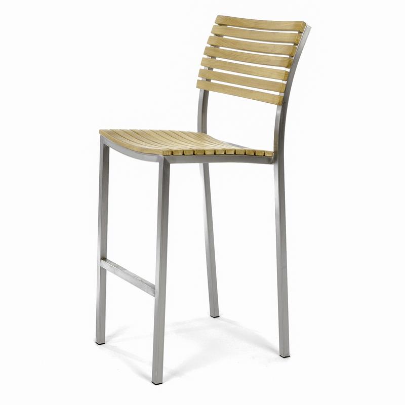 alt="21510 Vogue Teak and Stainless Steel Bar Stool in side angled view on a white background"