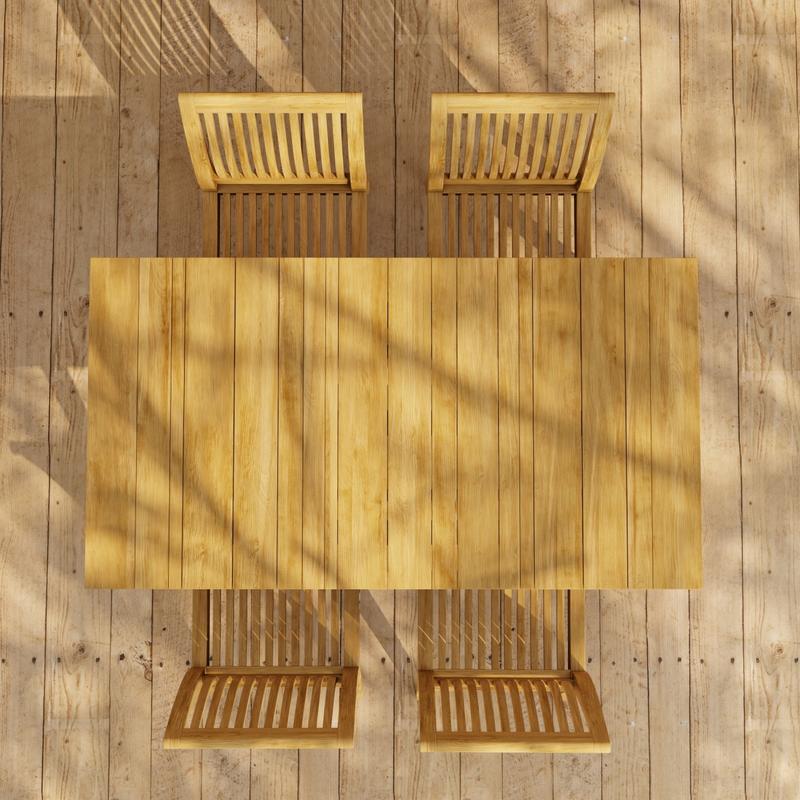 alt="70571 Surf Laguna 5 pc Teak Dining Set of Surf Teak Rectangular Table and 4 Laguna Side Chairs aerial view of table top on wood deck "