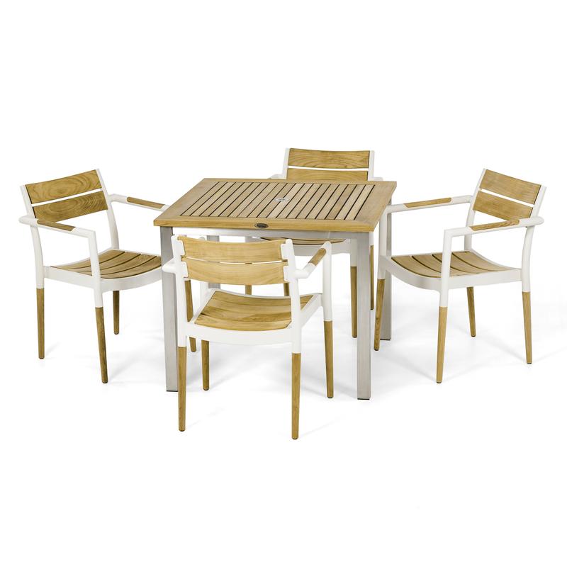 alt="70592 Vogue Bloom 5 piece Dinette Set of 4 Bloom teak and powder coated aluminum dining chairs and Vogue teak and stainless steel 36 inch square dining table"