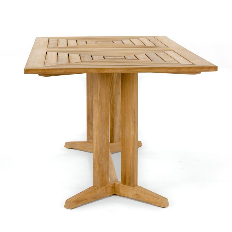 alt="15816 Pyramid 6 ft Teak Table in angled end view on white background"