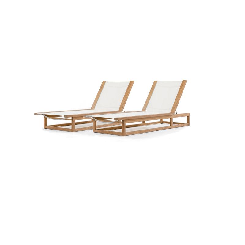 alt="70780 Maya teak Sling Lounger Set showing 2 side by side front facing angled left on white background"