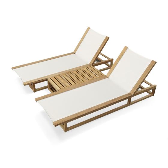 70930 Maya Teak Double Sling Lounger showing 2 Loungers in white textilene mesh fabric the back rest in an upright position front angle aerial view on white background   