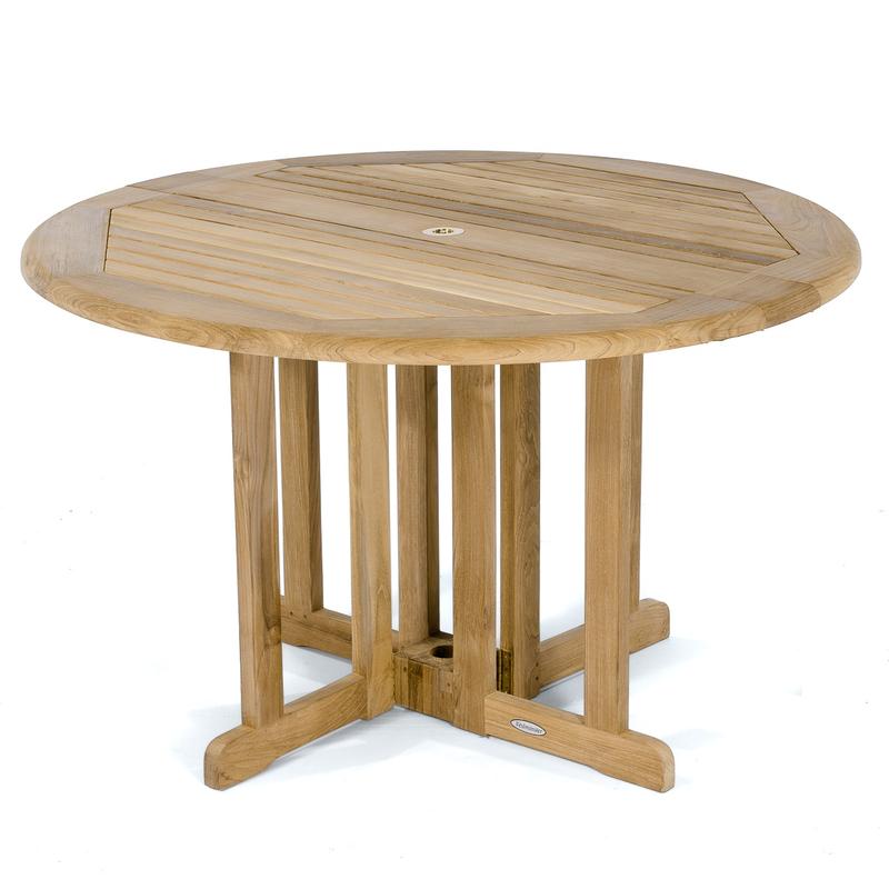 alt="70001 Barbuda teak round 48 inch diameter dining table angled view top and side on white background"