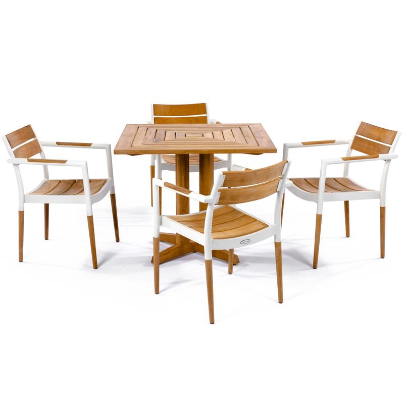 alt="70452 Bloom Pyramid Bistro Dining Set of 4 Bloom teak and powder coated aluminum dining chairs and Pyramid 36 inch square teak dining table on white background"
