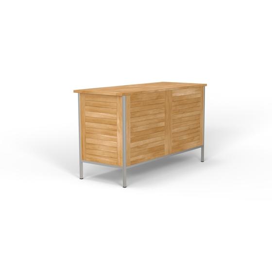 28226 Vogue Teak and Stainless Steel Beverage Console in angled end view on white background