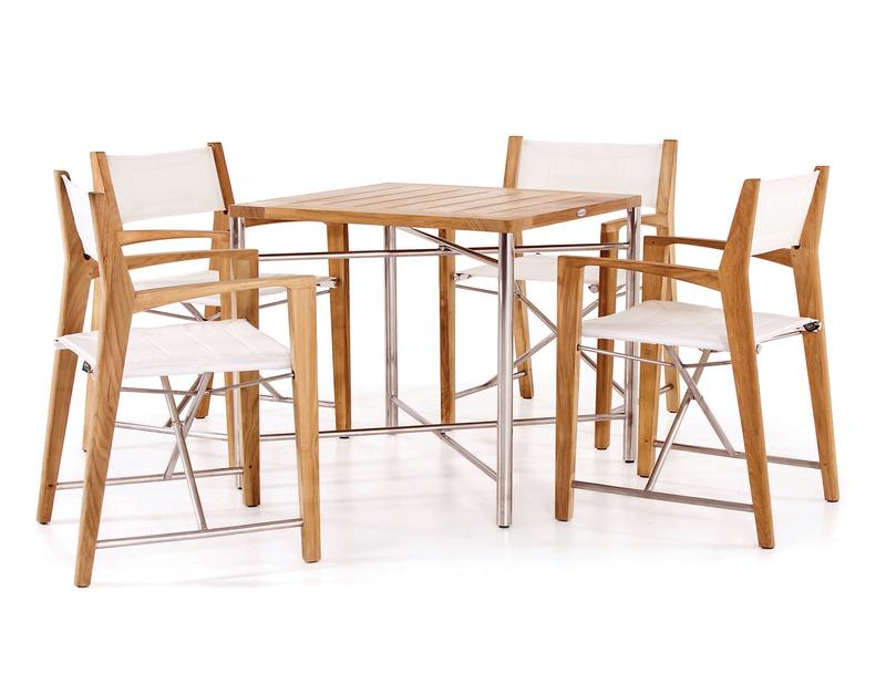 alt="25815 Odyssey Teak and Stainless Steel 32 Inch Square Outdoor Folding Table and 4 Odyssey Dining Chairs in side view on white background "
