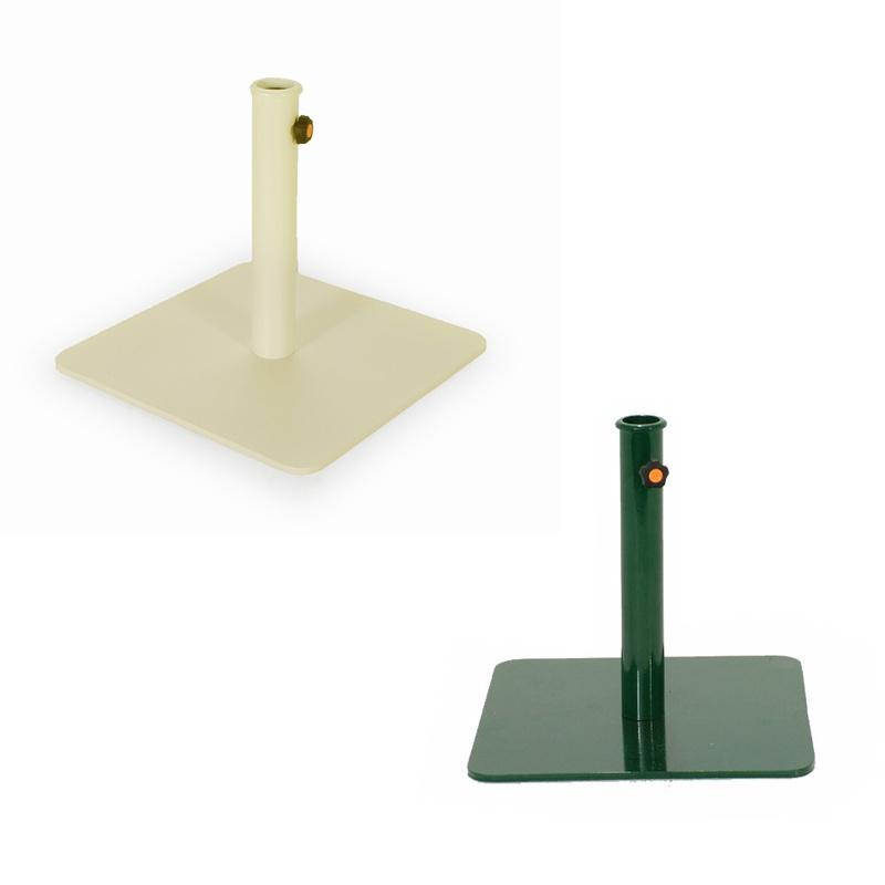 alt="57801 Parasol Steel Base showing 2 bases in beige and dark green on white background"