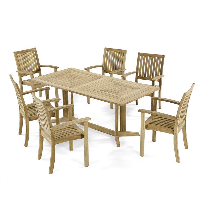 alt="70517 Sussex Pyramid teak 7 pc Dining Set of Pyramid Rectangular Table and 6 Sussex Stacking Chairs angled aerial view on white background  "