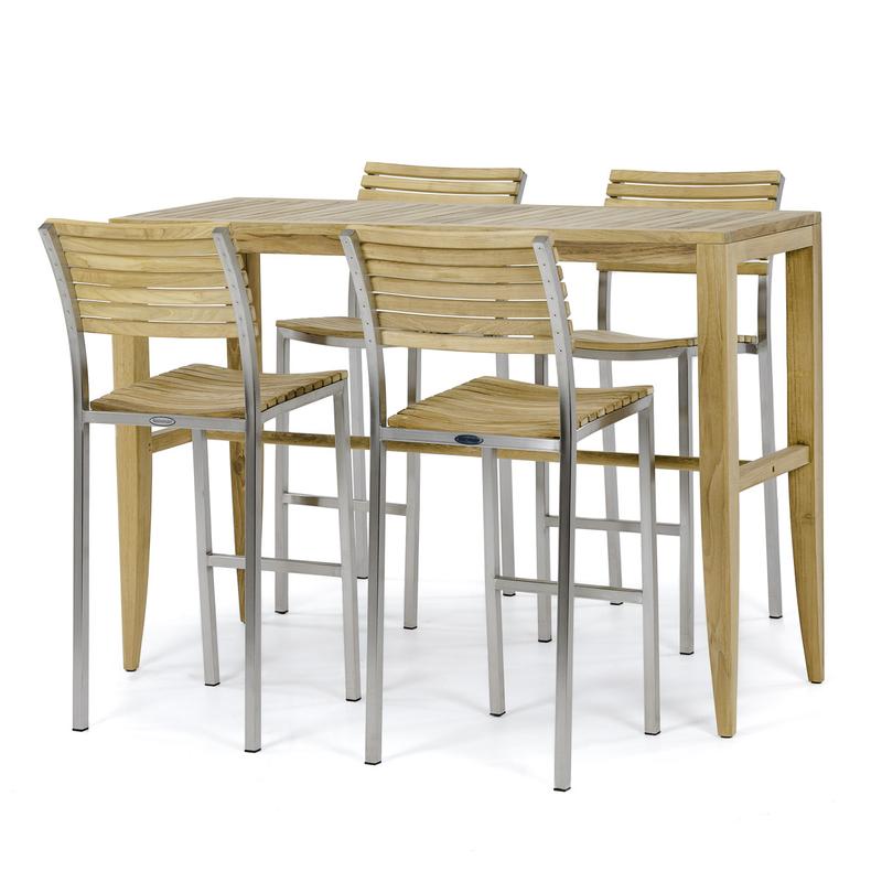 alt="70648 Laguna Vogue Teak Bar Set of Laguna Teak Rectangular Bar Table and 4 Vogue Teak and Stainless Steel Bar Stools angled side view on white background"