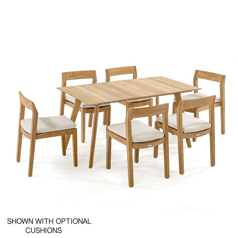 alt="70527 Surf Horizon 7 piece teak Dining Set of 6 side chairs and teak 60 inch rectangular dining table with optional canvas colored seat cushions angled aerial view on white background"