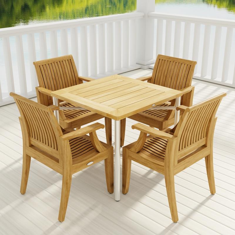 alt="70598 Odyssey Laguna Dining Chair Set of Odyssey Table and 4 Laguna Dining Chairs angled aerial view on patio with railing and column in background "