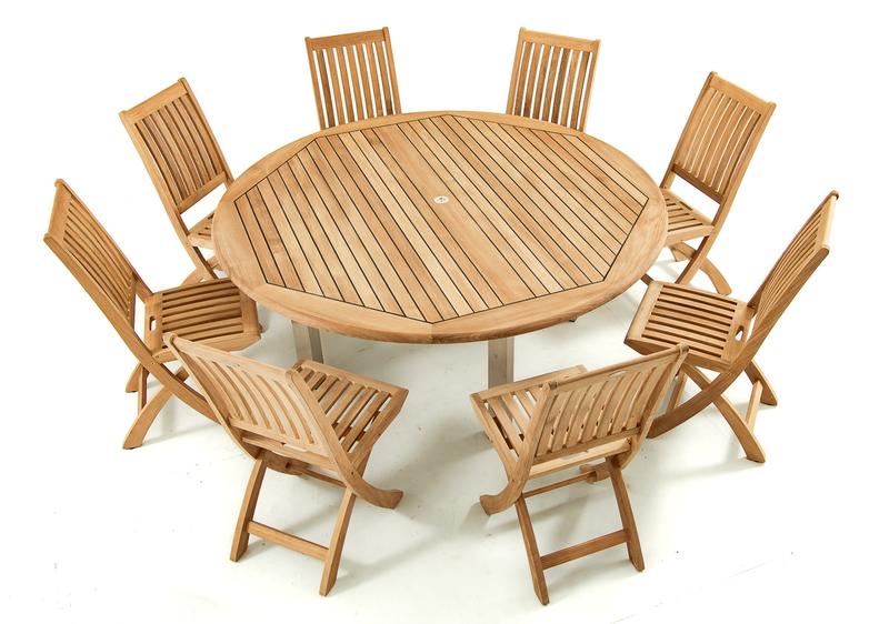 alt="25015 Vogue teak and stainless steel 6 foot Round Table with Vogue Teak Barbuda Dining Set for 8 overhead view on white background"