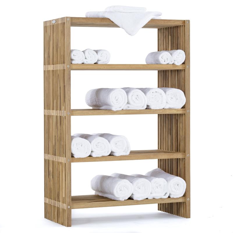 alt="18221 teak storage shelf 48 inch height angled view with white towels rolled up on white background"