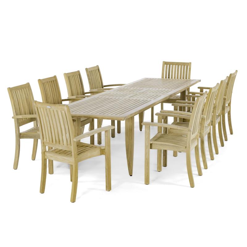 alt="70772 Laguna Sussex 11 piece Teak Dining Set of 10 Sussex stacking chairs and Rectangular Teak Dining Table on white background"