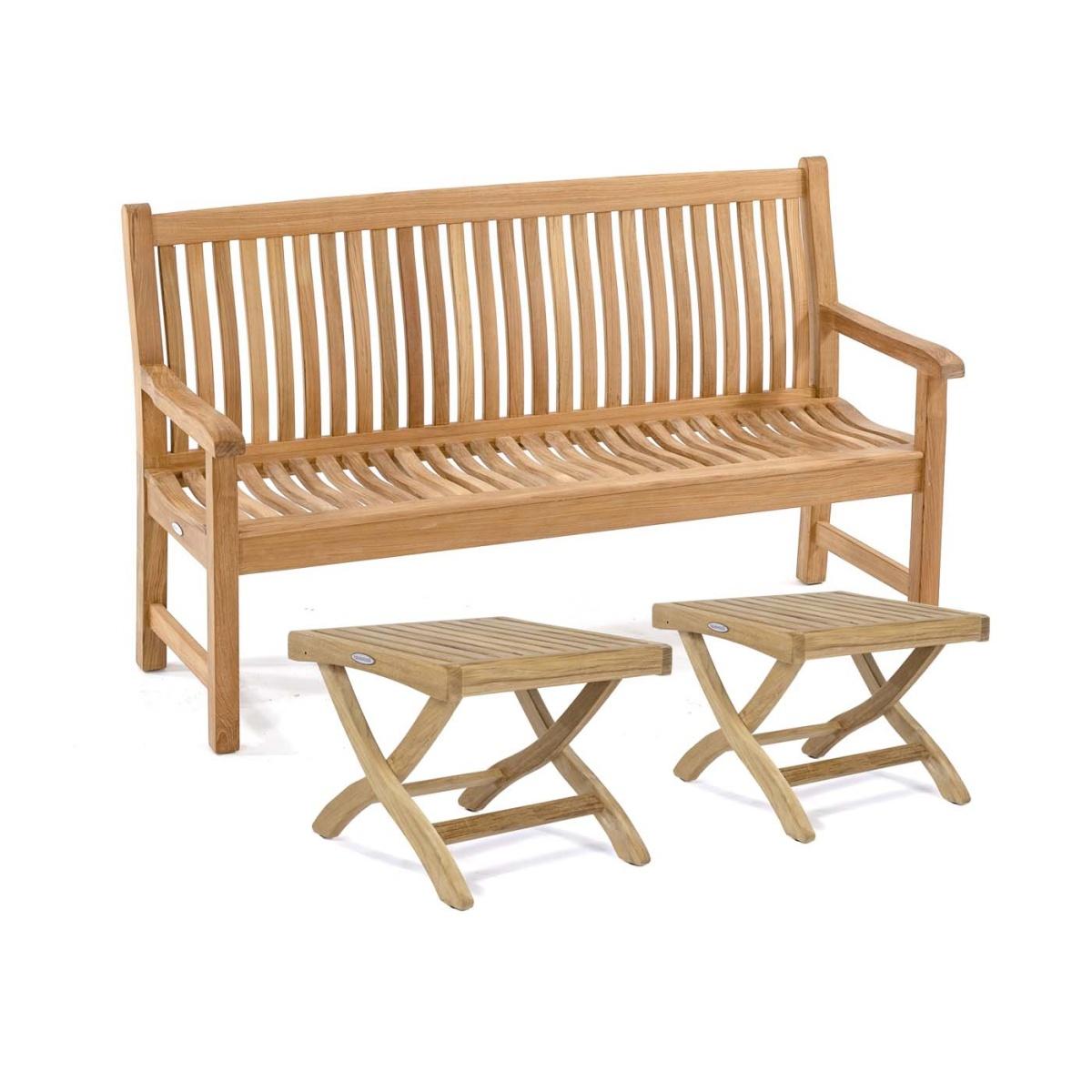 70857 Veranda 5 foot Bench and Ottoman Set of 2 Ottoman Side Tables and Teak 5 foot Bench on white background