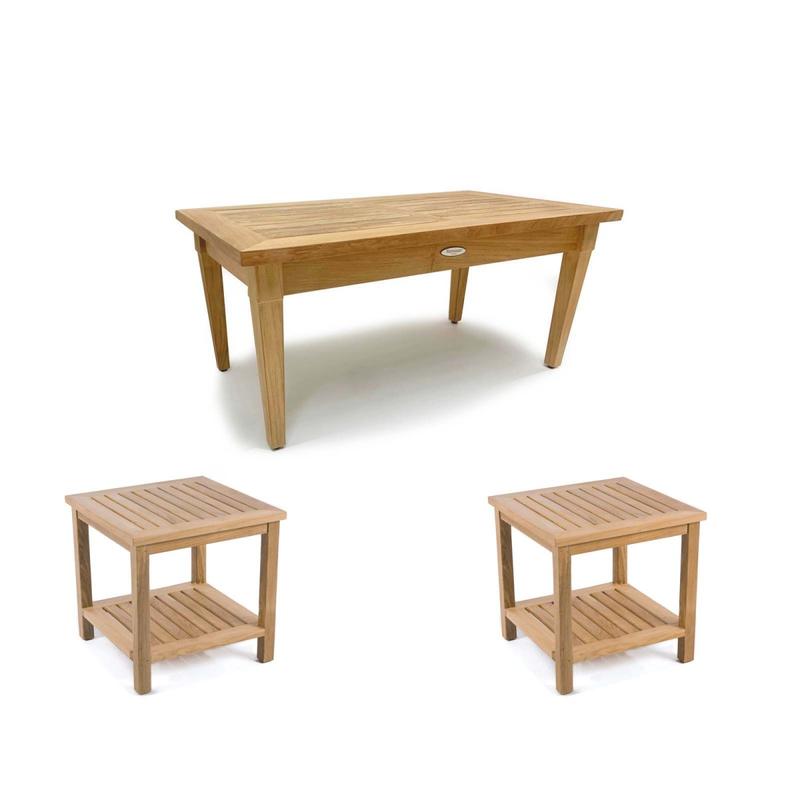 alt="70876 Veranda 3 piece Coffee and End Table Set of 2 teak side tables and teak coffee table on white background"