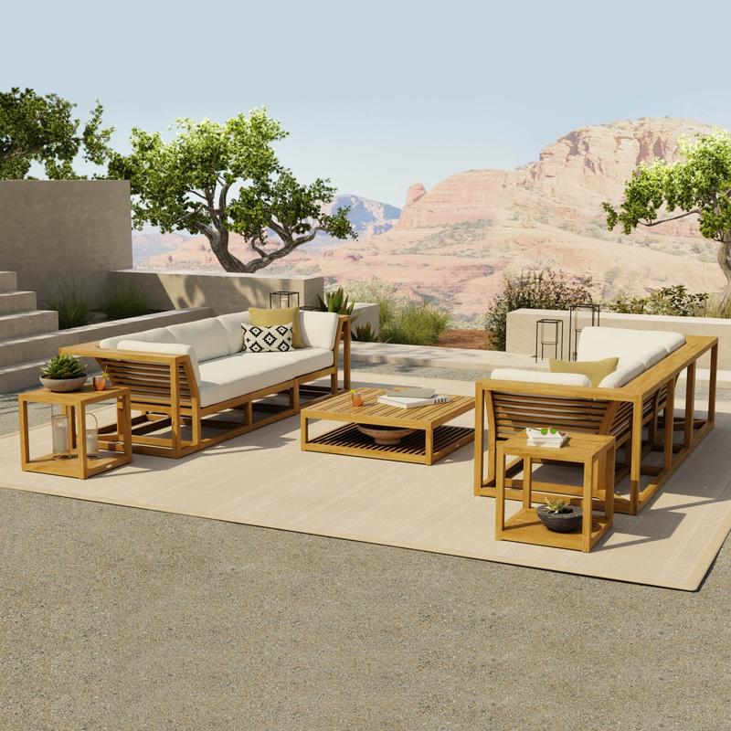 alt="70234 Maya 7 pc Twin Sofa Set with cushions three throw pillows angled view on carpeted concrete patio with landscaped canyon view in background"