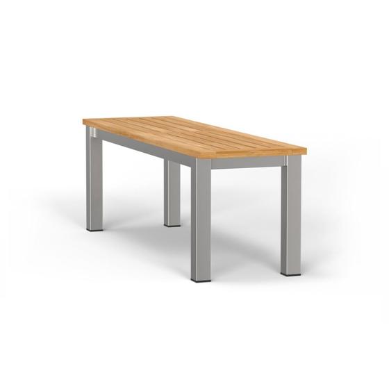 23940 Vogue teak and stainless steel 4 foot backless bench angled end view on white background