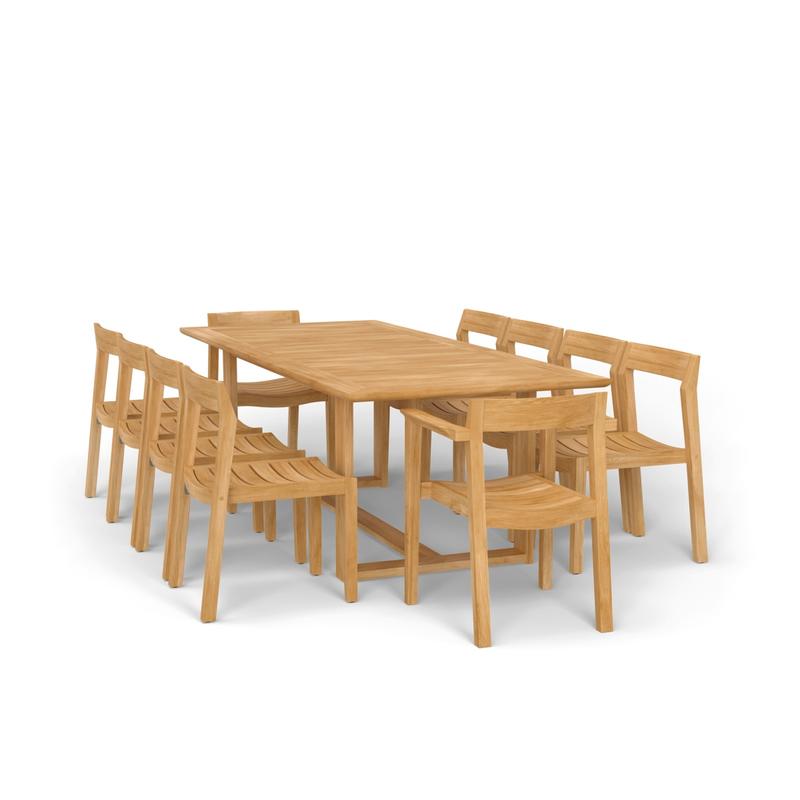 alt="70457 Horizon 11 pc Teak Dining Set of Horizon Rectangular Teak DIning Table and 2 Teak Dining Armchairs and 8 Teak Side Chairs in angled end view on white background"