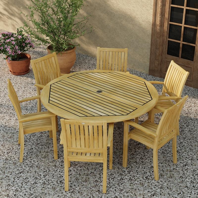 alt="70358 Vogue Sussex 7 pc Dining Set of Vogue 60 inch Round Table and 6 Sussex Armchairs in aerial top view on patio with 2 potted plants next to a french door in background"